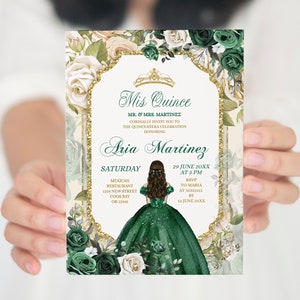 Emerald Green and Ivory Quinceanera, Elegant Mexican Green & White Floral quinceañera, Editable Butterfly sweet 15 Mis quince invite, S444