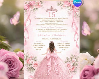 Editable Spanish Quinceañera Blush pink 15 Años Princess Invitation, Girl Mexican Mis Quince Pink Floral Coquette Sweet 16th Butterfly, ZB12