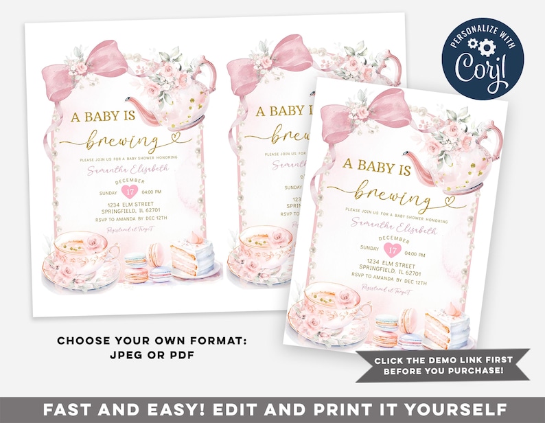 Puede incluir: Una invitaci&oacute;n de baby shower rosa y dorada con una tetera, tazas de t&eacute;, macarons y pastel. La invitaci&oacute;n dice "A Baby is Brewing" e incluye el nombre "Samantha Elizabeth".