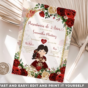 Editable Mexican Girl Boho Tres Anos Birthday Invitation, gold burgundy red floral spanish 3rd birthday, elegant Presentación Tres años R04