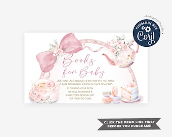Tarjeta editable con lazo rosa, coqueta y perla para baby shower, libro para preparar té, diseño floral en rosa ruborizado, B6.