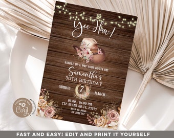 Editable rustic cowgirl hat birthday invitation, vintage wood background birthday invitation, string light invite, cowgirl floral theme Z103