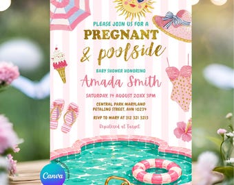 Editable Pregnant & Poolside Baby Shower Invitation Template, Girl Summer Baby Shower Invite, Pool Party Pink Stripe Gender Neutral, Z101