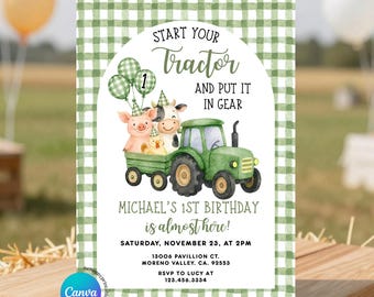 EDITABLE Start Your Tractor Birthday Green farm animal birthday invitation, Vintage Barnyard 1st Party Birthday Green Balloon Gingham, GC2