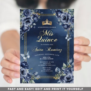 ELEGANTE invito per la festa della Quinceañera con rose blu navy, fiori blu messicani per la festa del 16° compleanno di una ragazza, invito per la festa della 15° compleanno di Gold Crown, S501