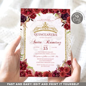Editable Burgundy Mis Quince Invite, Red and gold mexican charra Quiñceanera, Floral red roses spanish girl sweet 16th birthday invite S380