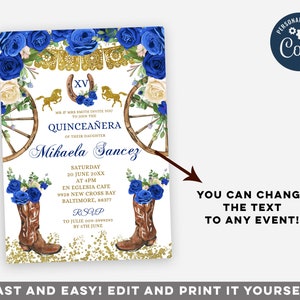 Editable Western Royal Blue & Gold Quinceañera Invitation, Floral western boots Quinceañera mexican invite, Gold horse charra invite Z112 image 5