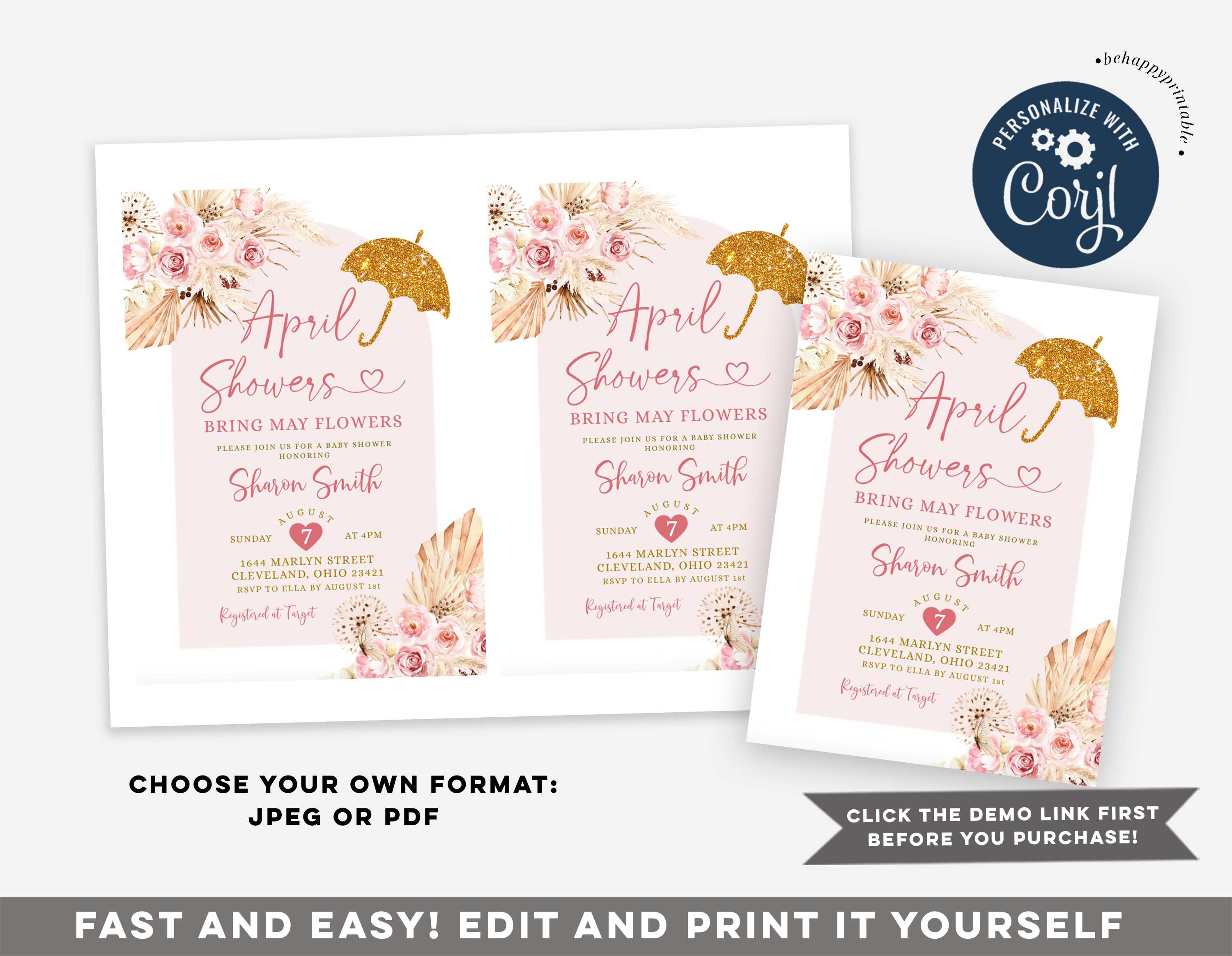Editable Boho Pink April Showers Baby Shower Invitation, Gold Umbrella ...