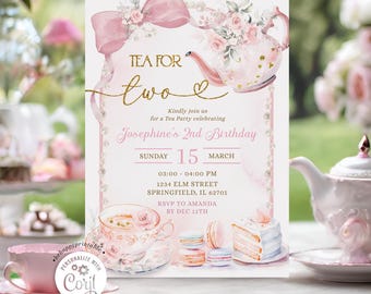 Bearbeitbar Boho Pink Floral Bow Kokette Perle 2. Geburtstag Einladung zur Teeparty, Tee für zwei Mädchen zum zweiten Geburtstag, Teekanne Party einladen, B6