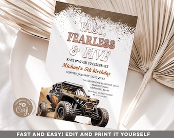 編集可能なFast Fearless & FIVE Racingの誕生日招待状、泥だらけのATVで年齢制限なしの誕生日パーティー、四輪バギーのアウトドア誕生日テーマの招待状 R15