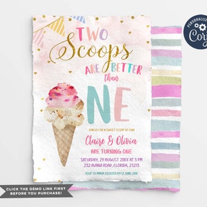 Twin Ice Cream Birthday Invitation, First Birthday Two is Better Than One invitation, Editable Pink White ice cream birthday party, S343