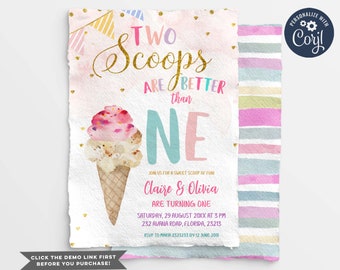 Twin Ice Cream Birthday Invitation, First Birthday Two is Better Than One invitation, Editable Pink White ice cream birthday party, S343