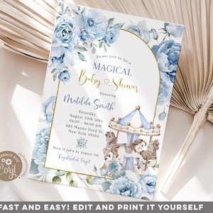 May include: A blue and gold baby shower invitation with a watercolor floral design and a carousel illustration. The text reads "Please join us for a Magical Baby Shower Honoring Matilda Smith".
