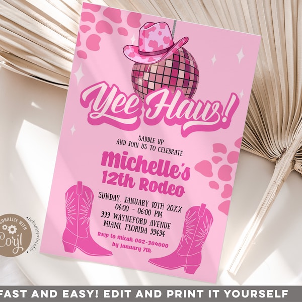 Editable pink disco cowgirl yeehaw birthday invitation, pink western space cowgirl party , hot pink groovy retro rodeo birthday invite Z175