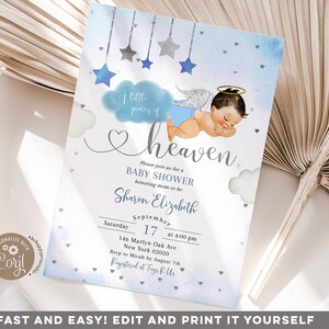 Bewerkbare baby showeruitnodiging Mexicaanse jongen engel, een klein stukje van de hemel babyshower, moderne zilverblauwe bloemen babyshower uitnodiging Z180