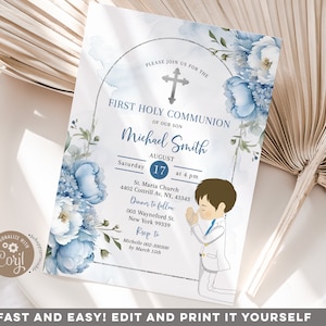 Faire-part de communion floral bleu blanc modifiable, baptême de garçon bleu poussiéreux moderne, invitation de 1ère communion de garçon en prière bleu argenté S489