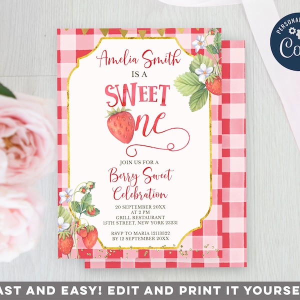 Editable Strawberry Sweet ONE Birthday Invitation, Sweet One 1st Birthday Invitation, Printable Berry Sweet Strawberry Picking invite, S320