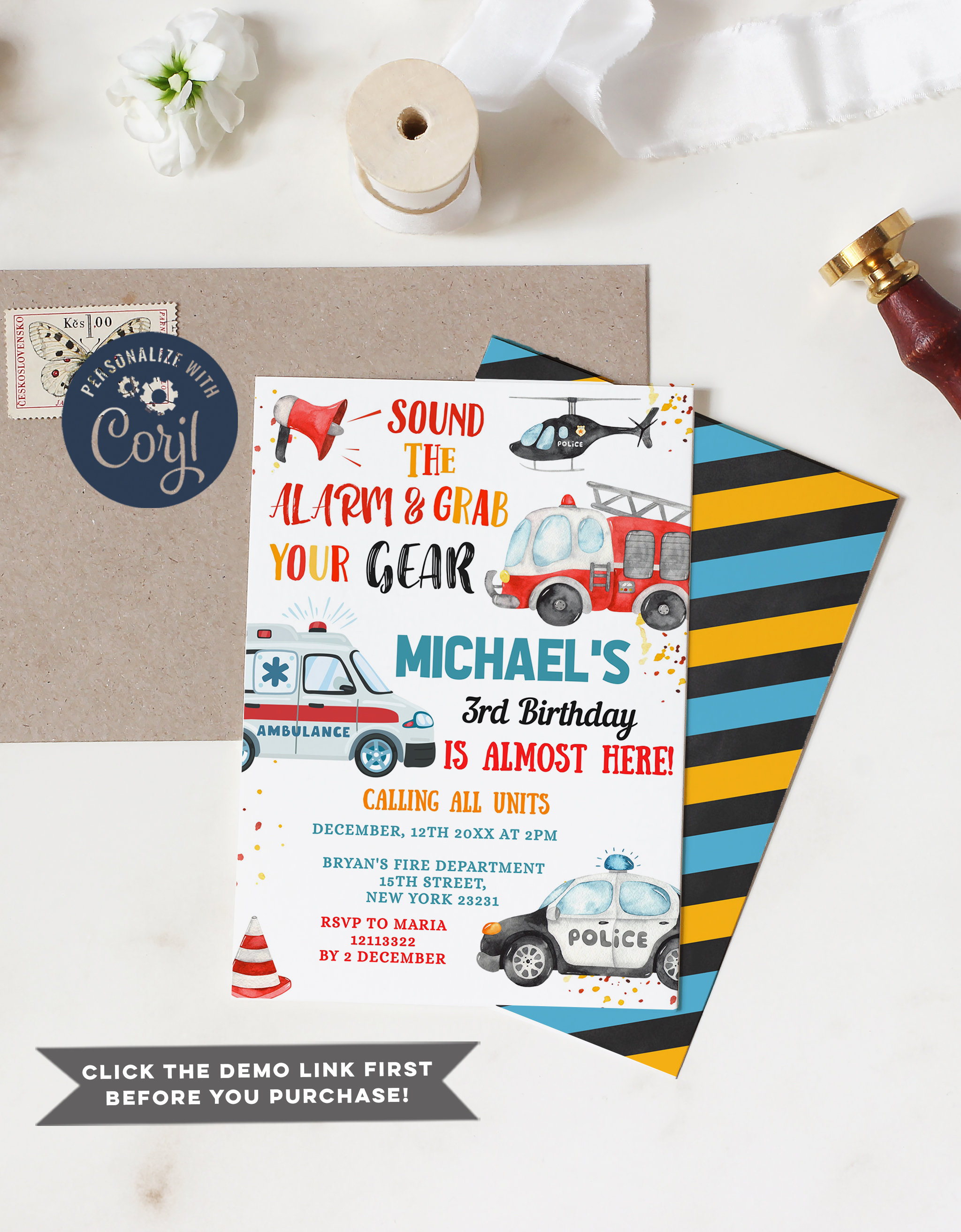 EDITABLE Emergency Vehicles Birthday Invitation, Police Car Firetruck ...
