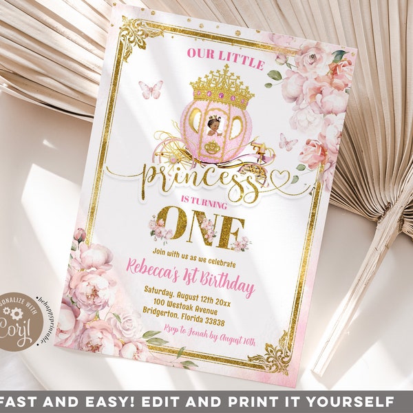 Editable gold pink mexican first birhday invitation, our little princess is turning one, pink princess carriage girl's birthday invite Z179