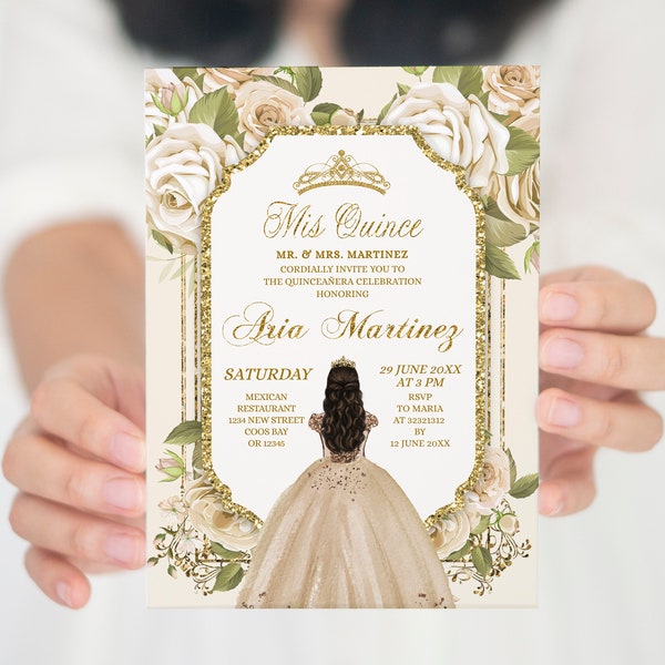Editable White Roses Flowers Champagne Quinceanera Invitation, 16th Girl birthday Gold Crown Frame, Gold Mis Quince 15 Anos invite, S236