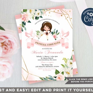 Convite EDITÁVEL para Primeira Comunhão, Convite Floral Pêssego para Primeira Comunhão, Batizado Espanhol, Menina Rezando a Primeira Comunhão, Z95