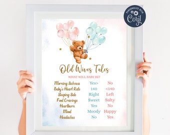 Editable Bear Gender Reveal Decorations, We can bearly wait baby shower Old Wives Tales Sign, Pink & Blue Balloon Poster Board Digital, S295