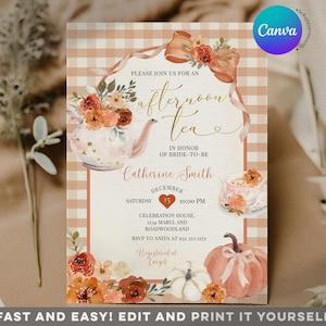 EDITABLE Afternoon Tea party Bow Coquette Pumpkin autumn Bridal Shower invitation, Orange Floral Time for Tea with the bride to be invite B6