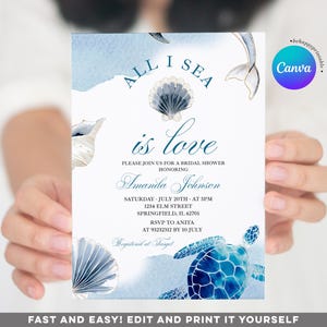 Editable Summer Blue Ocean All Sea is Love Beach Bridal Shower Invitation, Elegant Nautical Bridal Brunch Party Sea Animals Invite, CR2