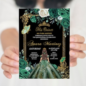 Editable Emerald Green & Black Mexican Mis Quince, Elegant dark background Princess Quinceañera, Floral green and butterfly sweet 15th S385