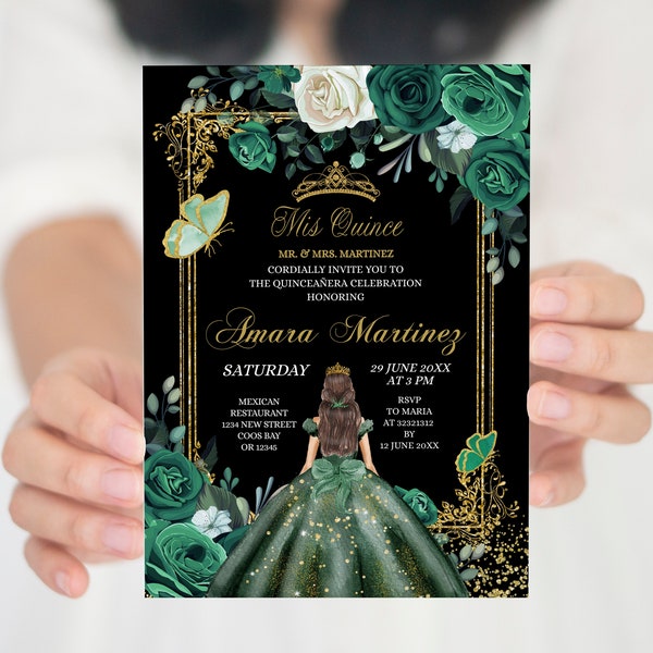 Editable Emerald Green & Black Mexican Mis Quince, Elegant dark background Princess Quinceañera, Floral green and butterfly sweet 15th S385