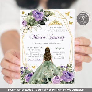 Editable sage green lilac floral mis quince invitation, gold geometric butterfly sweet 16th invite, elegant sage dress princess 15 años Q26