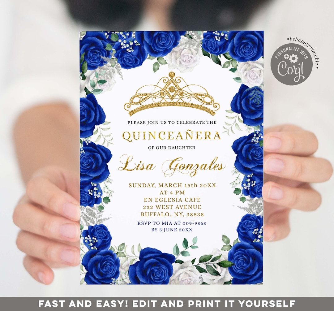 Editable Royal Blue Quinceañera Invitation, Blue White Roses Floral Mis