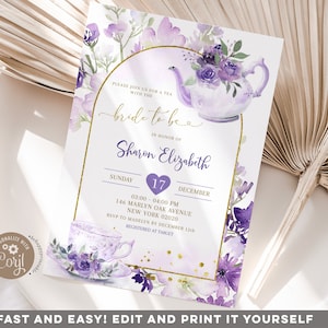 Editable purple floral bridal shower tea invitation, lilac gold bride to be bridal shower, lavender roses bridal shower high tea invite B6 image 1