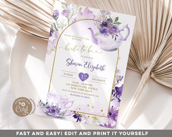 Editable purple floral bridal shower tea invitation, lilac gold bride to be bridal shower, lavender roses bridal shower high tea invite B6