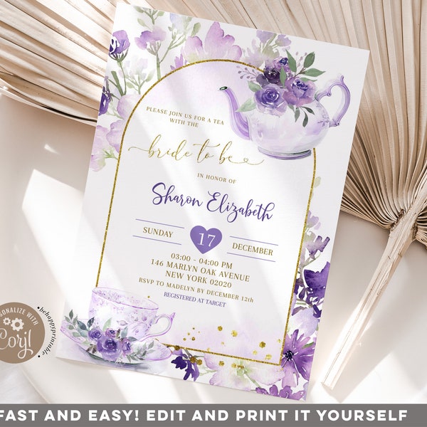 Editable purple floral bridal shower tea invitation, lilac gold bride to be bridal shower, lavender roses bridal shower high tea invite B6