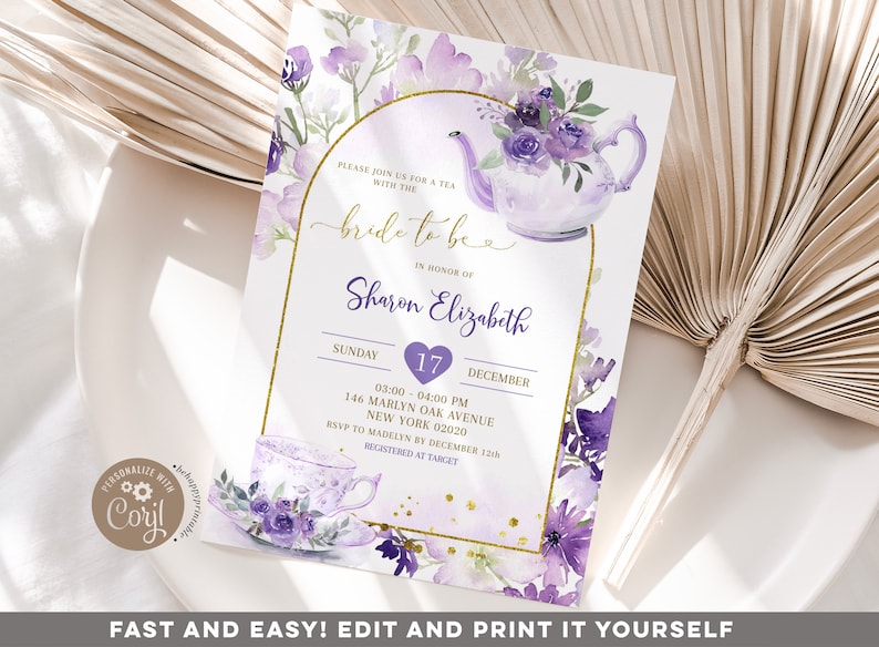 Editable purple floral bridal shower tea invitation, lilac gold bride to be bridal shower, lavender roses bridal shower high tea invite B6 image 1