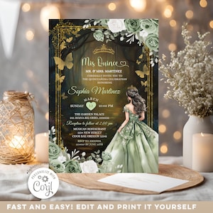 Invito modificabile Sage Green Forest Mis Quince, Magical Garden Floral dolce 16 anni, principessa reale bellissima favola farfalla d'oro, S385