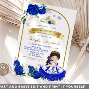 Editable blue gold presentacion de tres anos invitacion, royal blue spanish girl's third birthday, white blue charra 3rd birthday invite Q4