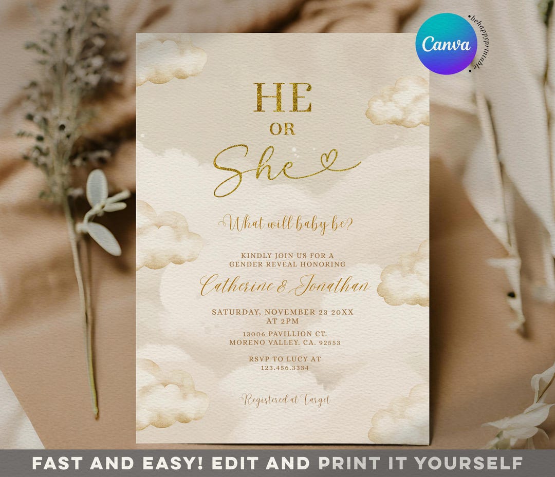 EDITABLE He or She Boho Beige Clouds Gender Reveal Invitation ...