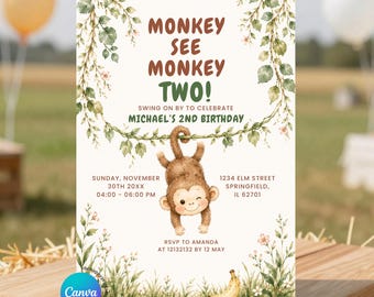 EDITABLE Boy Monkey See Monkey Two 2nd Birthday Safari Floral Invitation, Brown Monkey Jungle Animal Theme Second Birthday Party Invite, BB4