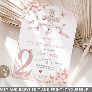 Convite editável de batismo de 2º aniversário com borboleta rosa blush, convite boho floral rosa, lindo convite elegante para festa de segundo anito rosa Z151