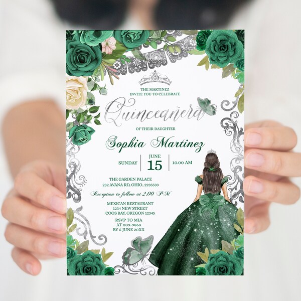 Editable Hunter Green Dress Mis Quince invitation, Emerland Green & Silver mexican 16th birthday, fiesta green butterfly spanish invite S385