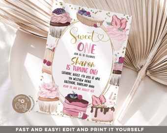 Editable pink gold cupcake sweet one birthday invitation, pink and gold cupcake birthday party invitation, cupcake sweet one birthday Z153