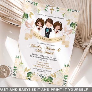 Spanish sibling first holy communion invitation, elegant white floral chistening Invitation, geomteric boy girl first communion invite Z95