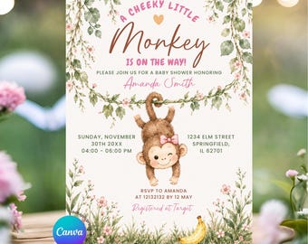 Editable Pink Cheeky Little Monkey Is On The Way Baby Shower Girl Invitation, Jungle Animal Baby Shower, Gender Neutral Safari Animal, BB4