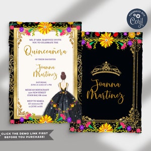 Editable Quinceanera invitation, 15th Girl birthday, Colorful Floral & Dark Background, Mexican theme invite, Mis Quince Anos invite, S265