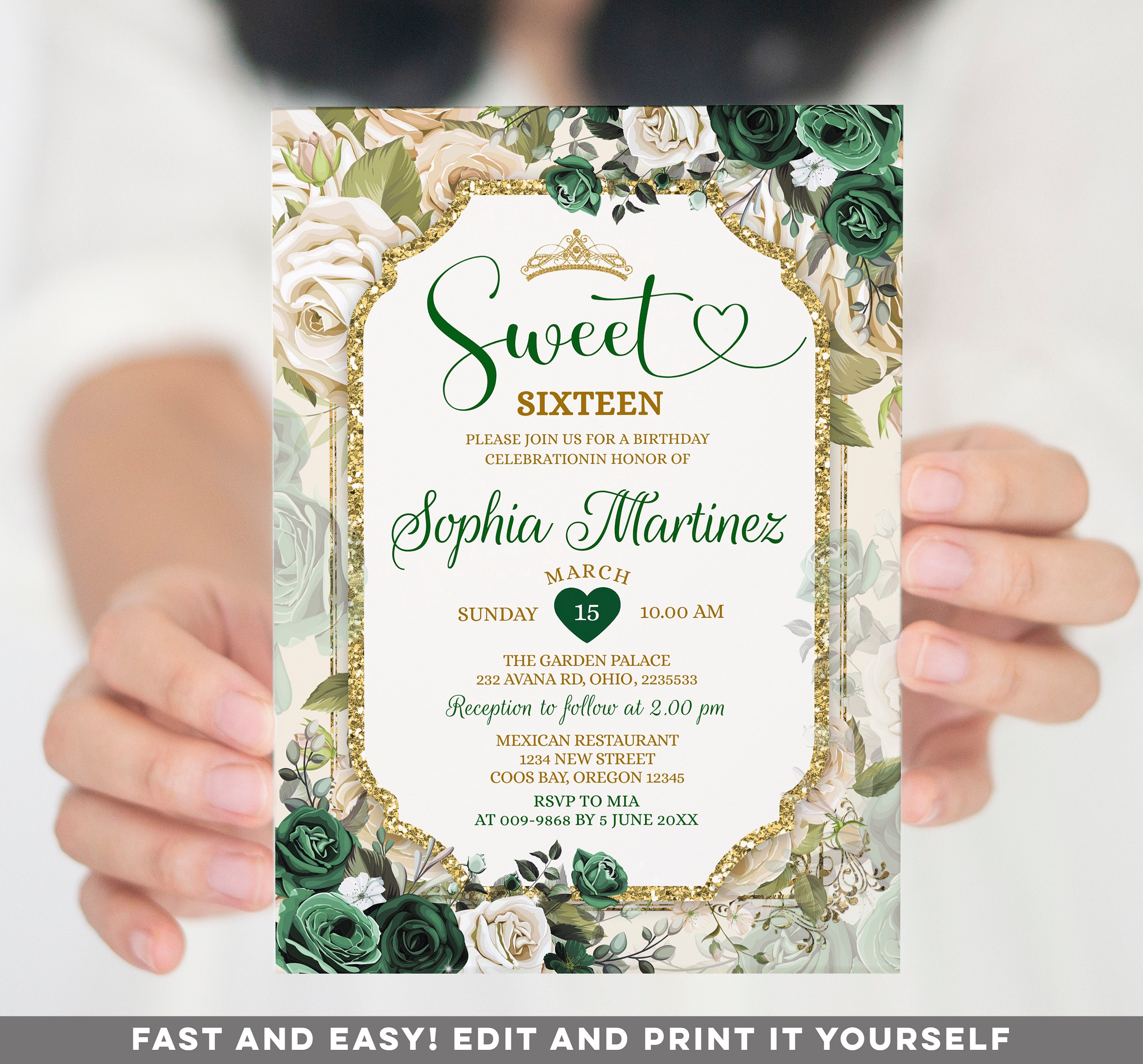 Editable Sweet 16 Emerald Green Birthday Invitation, Emerald Green & White Butterfly Quinceañera Gold Glitter Sweet Sixteen Birthday, S444