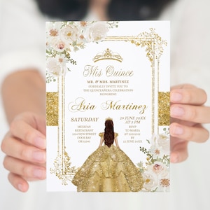 Editable Mis Quince Gold Dresses White Floral Birthday Invitation, Mexican princess Quinceañera Spanish girl sweet 16th Gold Crown, S219