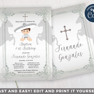 Convite de batismo de menino, convite Charro espanhol editável para menino Bautizo, convite de batismo de 1º aniversário mexicano mariachi branco, S222