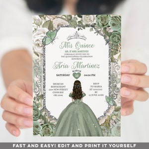 Editable Sage Green Silver Mis Quince Mexican Princess 15 Anos Invitation, Girl Quinceañera butterfly 16th birthday Crown party invite, S444